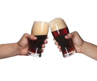 Image of Men clinking their glasses of beer together against white background