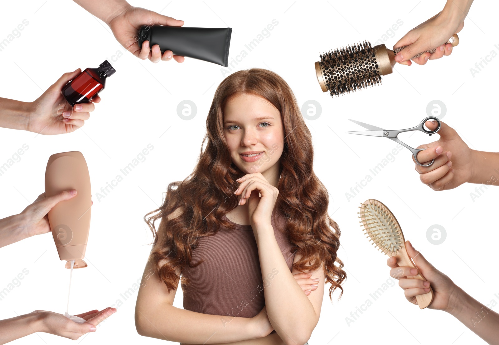 Young girl with beautiful healthy hair surrounded by hairdressers' hands with hair care products and tools. Collage on white background Image of Young girl with beautiful healthy hair surrounded by hairdressers' hands with hair care products and tools. Collage on white background