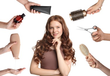 Image of Young girl with beautiful healthy hair surrounded by hairdressers' hands with hair care products and tools. Collage on white background