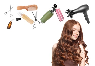 Image of Young girl with beautiful healthy hair surrounded by hair care products and tools. Collage on white background