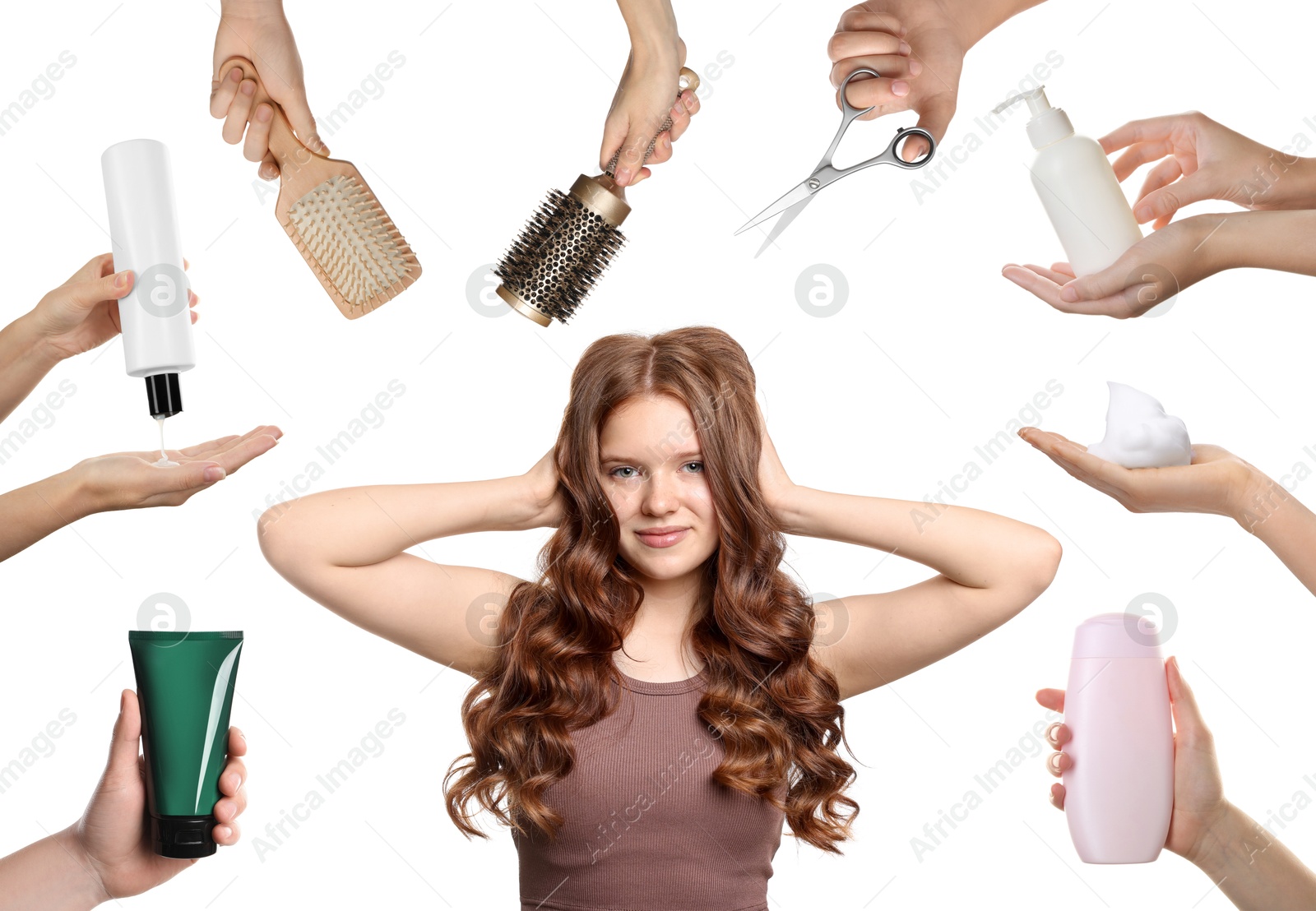 Young girl with beautiful healthy hair surrounded by hairdressers' hands with hair care products and tools. Collage on white background Image of Young girl with beautiful healthy hair surrounded by hairdressers' hands with hair care products and tools. Collage on white background