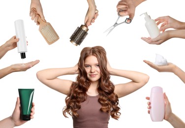 Image of Young girl with beautiful healthy hair surrounded by hairdressers' hands with hair care products and tools. Collage on white background