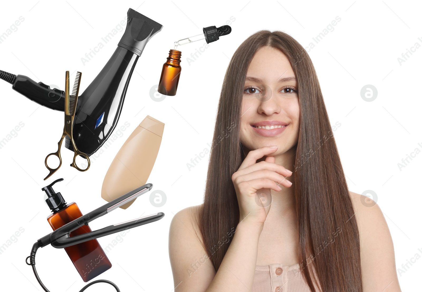 Young girl with beautiful healthy hair surrounded by hair care products and tools. Collage on white background Image of Young girl with beautiful healthy hair surrounded by hair care products and tools. Collage on white background