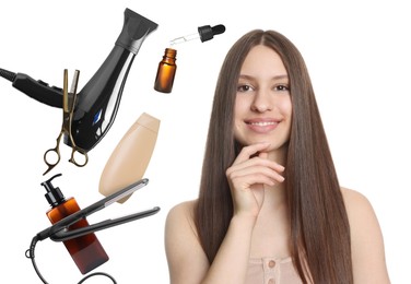 Image of Young girl with beautiful healthy hair surrounded by hair care products and tools. Collage on white background