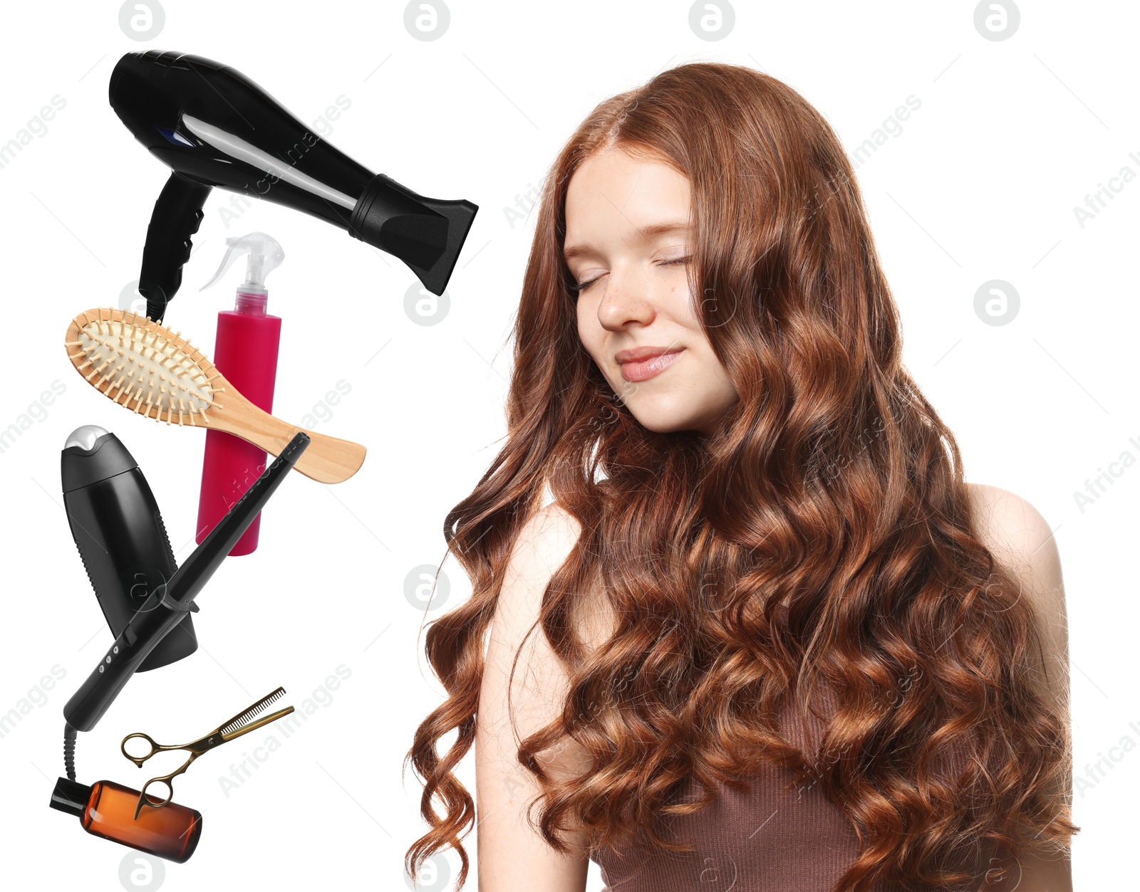 Young girl with beautiful healthy hair surrounded by hair care products and tools. Collage on white background Image of Young girl with beautiful healthy hair surrounded by hair care products and tools. Collage on white background