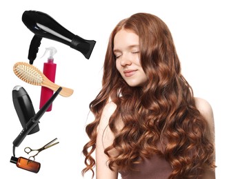 Image of Young girl with beautiful healthy hair surrounded by hair care products and tools. Collage on white background