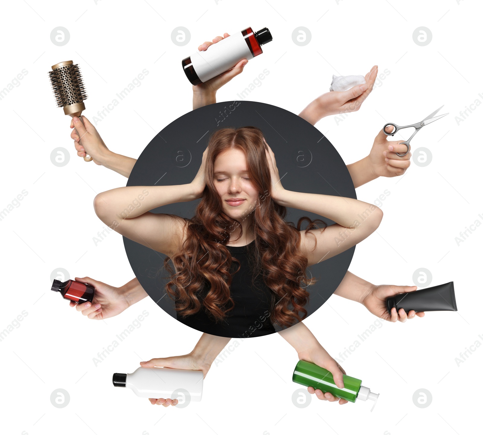 Young girl with beautiful healthy hair surrounded by hairdressers' hands with hair care products and tools. Collage on white background Image of Young girl with beautiful healthy hair surrounded by hairdressers' hands with hair care products and tools. Collage on white background