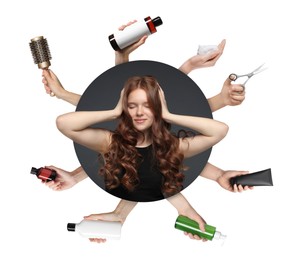 Image of Young girl with beautiful healthy hair surrounded by hairdressers' hands with hair care products and tools. Collage on white background