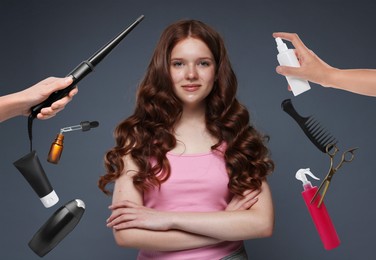 Image of Young girl with beautiful healthy hair surrounded by hairdressers' hands with hair care products and tools. Collage on dark grey background