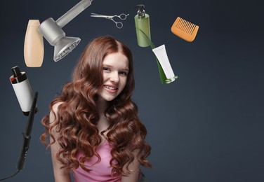 Image of Young girl with beautiful healthy hair surrounded by hair care products and tools. Collage on dark grey background