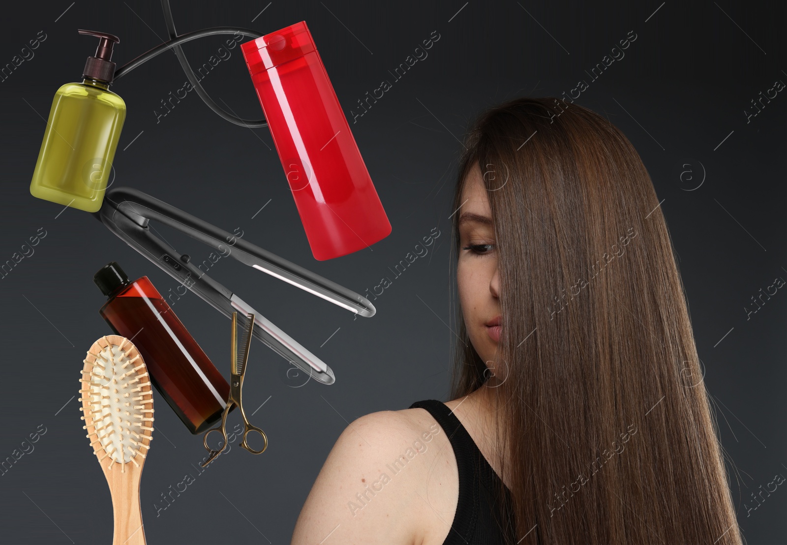 Young girl with beautiful healthy hair surrounded by hair care products and tools. Collage on dark grey background Image of Young girl with beautiful healthy hair surrounded by hair care products and tools. Collage on dark grey background