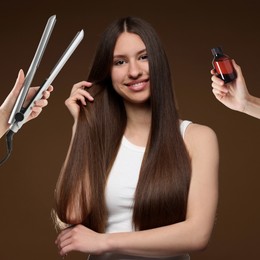 Image of Young girl with beautiful healthy hair surrounded by hairdressers' hands with hair care product and tool. Collage on brown background