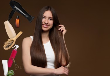 Image of Young girl with beautiful healthy hair surrounded by hair care products and tools. Collage on brown background