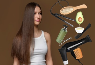 Image of Young girl with beautiful healthy hair surrounded by hair care products and tools. Collage on brown background