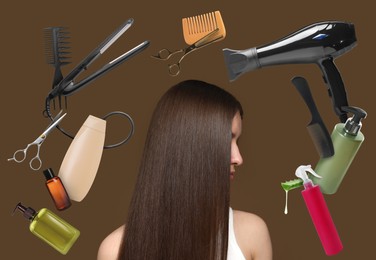 Image of Young girl with beautiful healthy hair surrounded by hair care products and tools. Collage on brown background