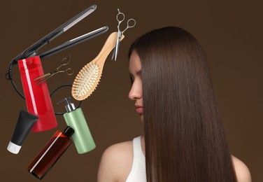 Image of Young girl with beautiful healthy hair surrounded by hair care products and tools. Collage on brown background