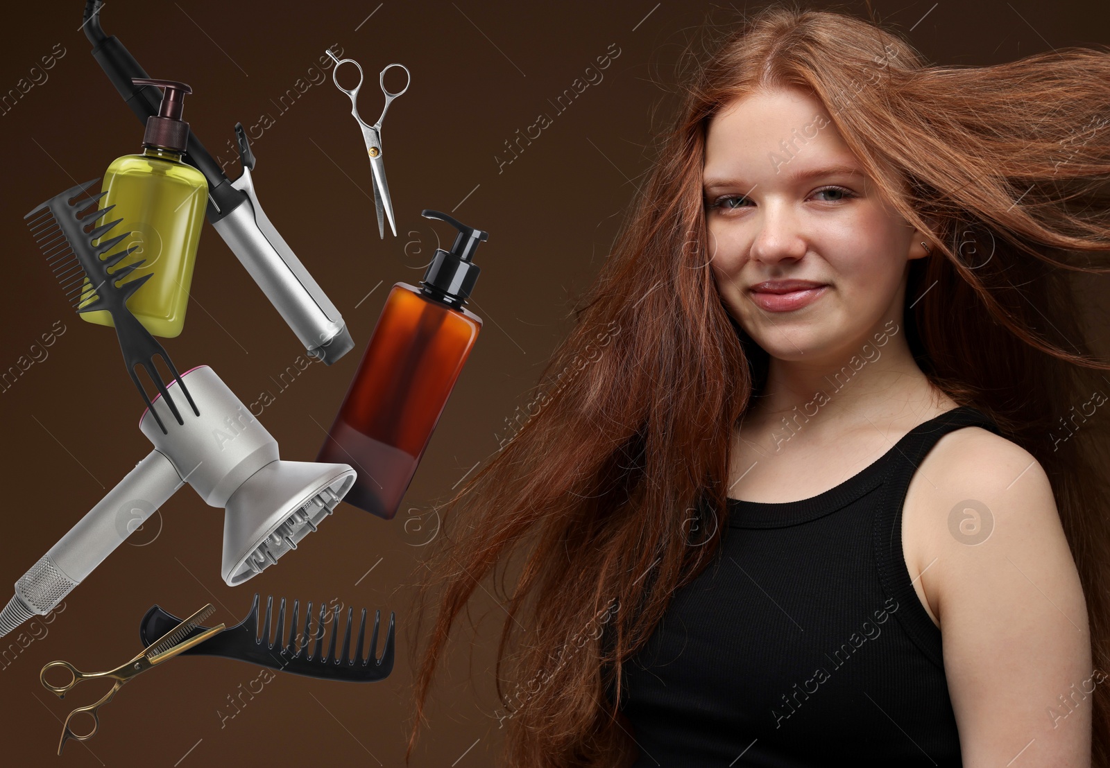 Image of Young girl with beautiful healthy hair surrounded by hair care products and tools. Collage on brown background