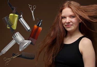 Image of Young girl with beautiful healthy hair surrounded by hair care products and tools. Collage on brown background