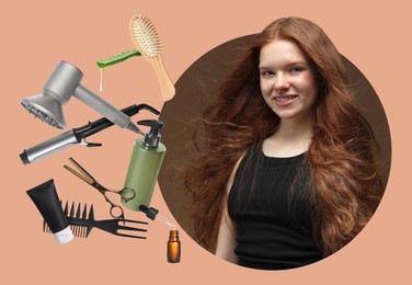 Image of Young girl with beautiful healthy hair surrounded by hair care products and tools. Collage on dark beige background