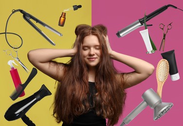 Image of Young girl with beautiful healthy hair surrounded by hair care products and tools. Collage on color background