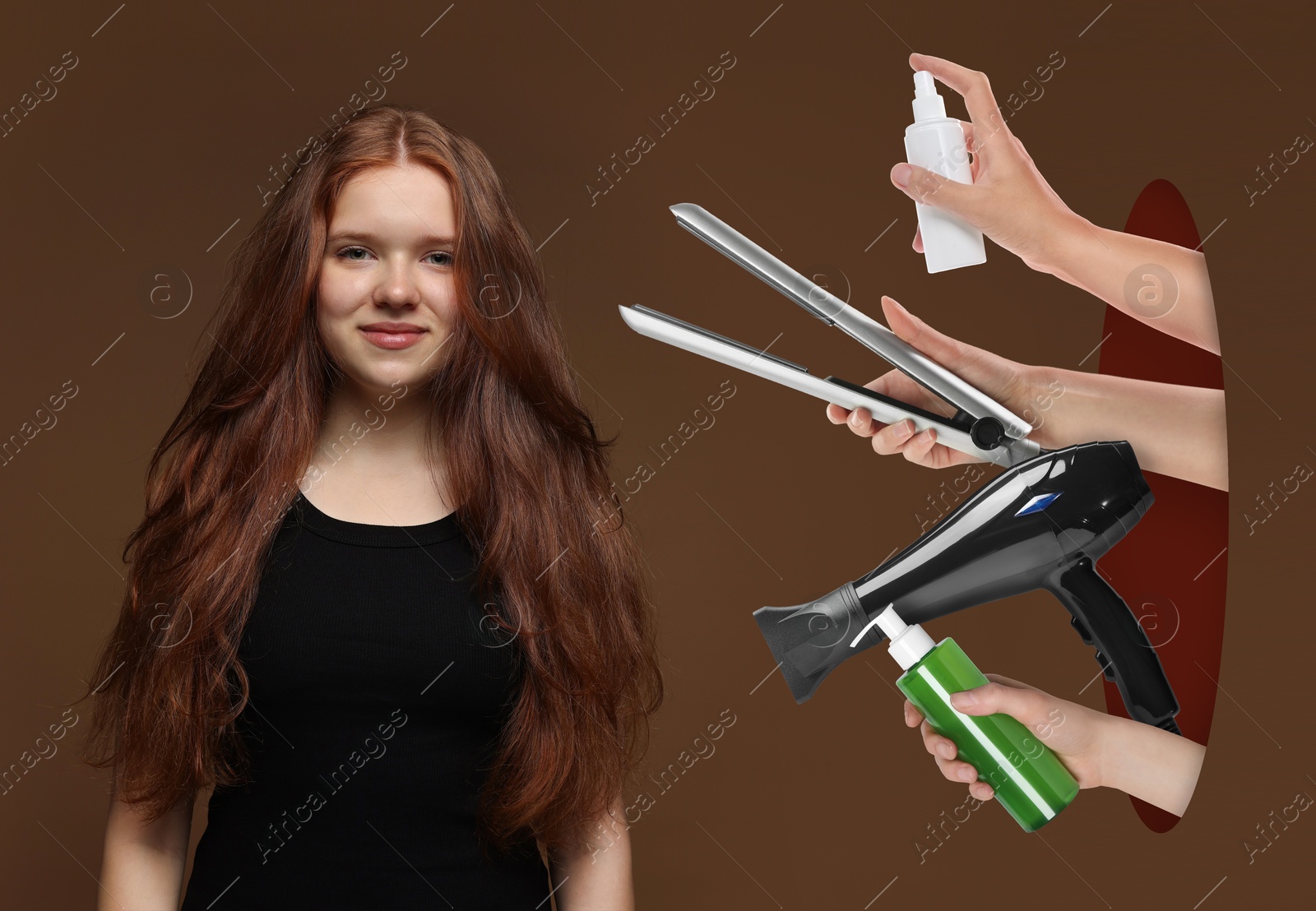 Image of Young girl with beautiful healthy hair on brown background. Hairdressers' hands with hair care products and tools sticking out of hole