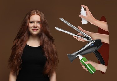 Image of Young girl with beautiful healthy hair on brown background. Hairdressers' hands with hair care products and tools sticking out of hole