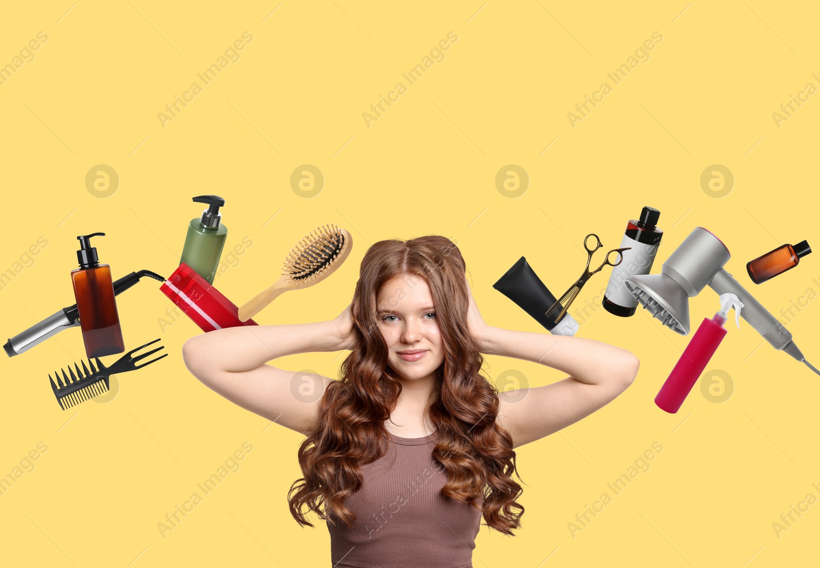 Image of Young girl with beautiful healthy hair surrounded by hair care products and tools. Collage on pale orange background