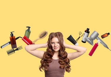 Image of Young girl with beautiful healthy hair surrounded by hair care products and tools. Collage on pale orange background