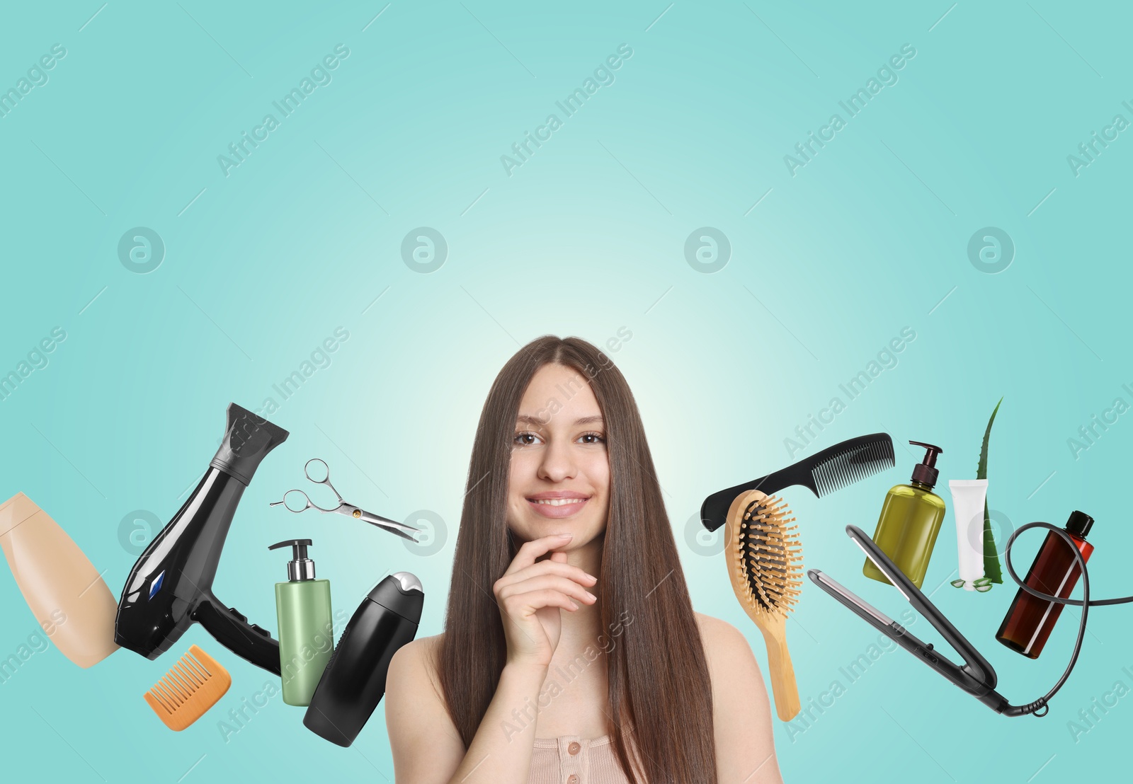 Image of Young girl with beautiful healthy hair surrounded by hair care products and tools. Collage on light blue background