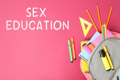 Image of Sex Education inscription and stationery on pink background, top view