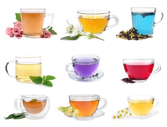 Image of Flower and herbal teas in glass cups isolated on white, set