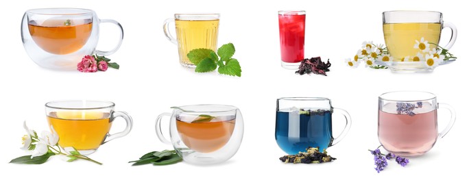 Image of Flower and herbal teas in glass cups isolated on white, set