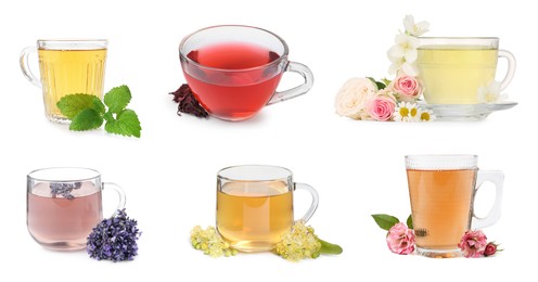 Image of Flower and herbal teas in glass cups isolated on white, set