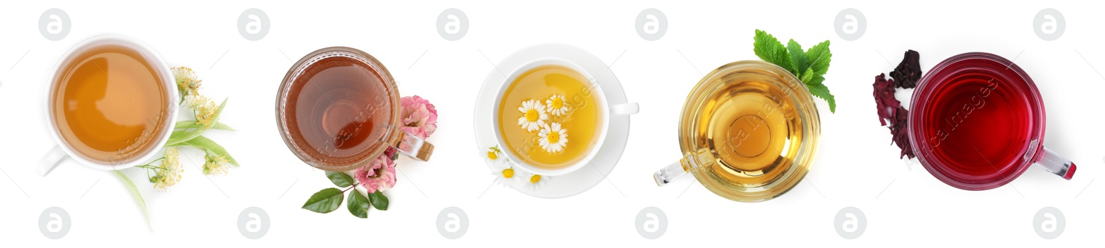 Image of Flower and herbal teas in glass cups isolated on white, set. Top view
