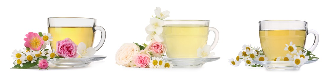 Image of Tea in glass cups and flowers isolated on white, set