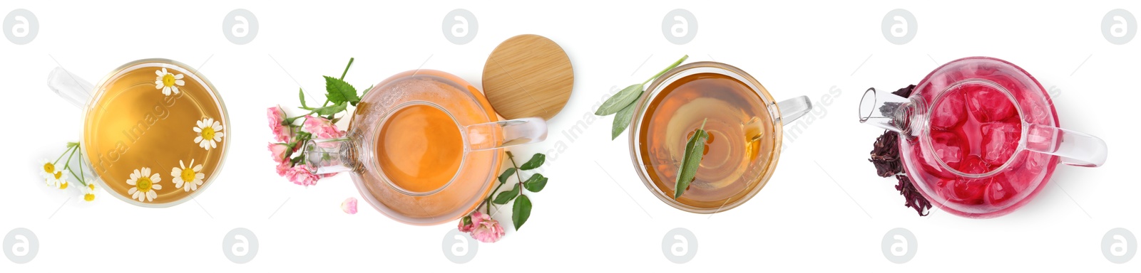 Image of Flower and herbal teas isolated on white, set. Top view