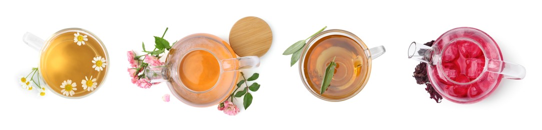 Image of Flower and herbal teas isolated on white, set. Top view