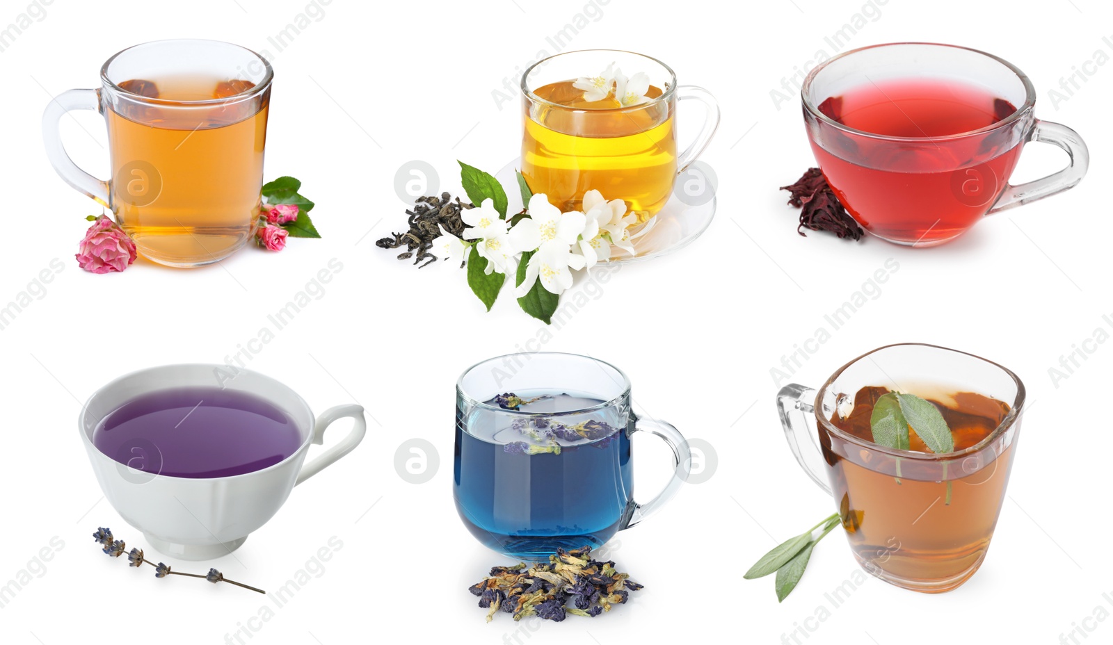 Image of Flower and herbal teas in glass cups isolated on white, set