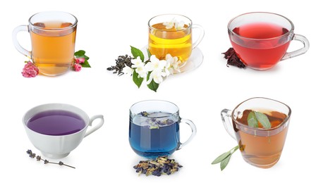Image of Flower and herbal teas in glass cups isolated on white, set