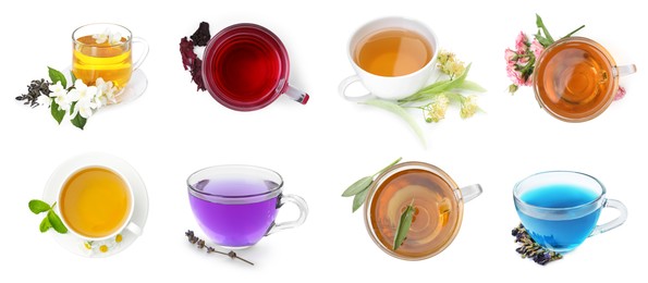 Image of Flower and herbal teas in glass cups isolated on white, set