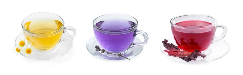 Image of Flower teas in glass cups isolated on white, set
