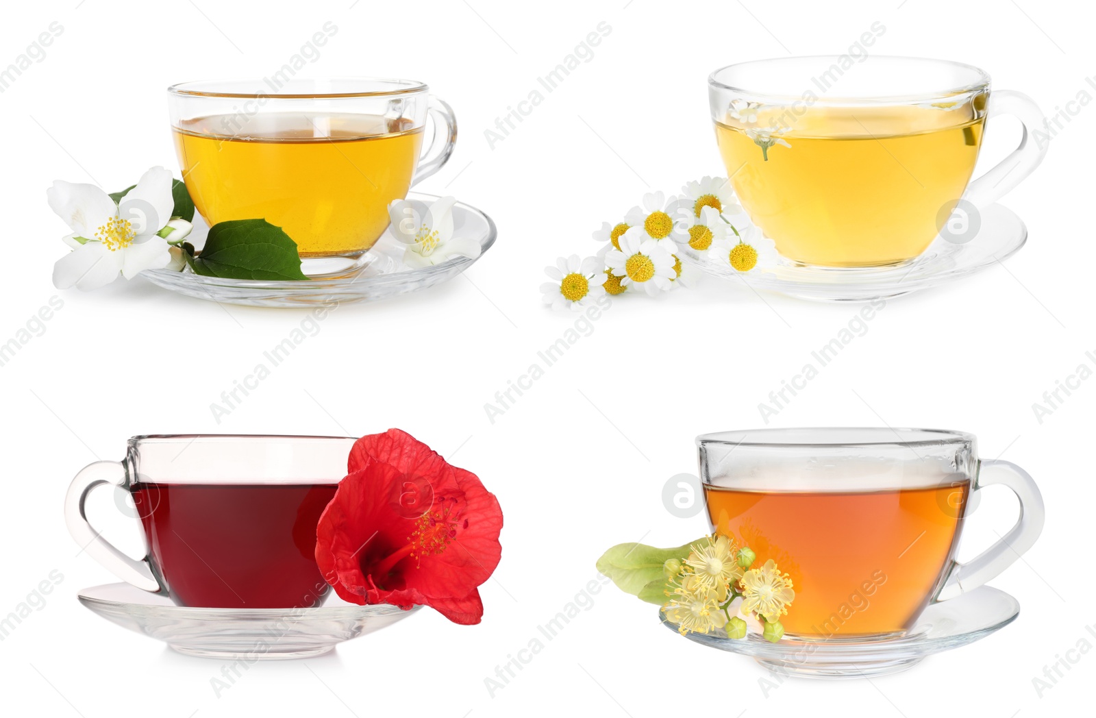 Teas in glass cups and flowers isolated on white, set Image of Teas in glass cups and flowers isolated on white, set