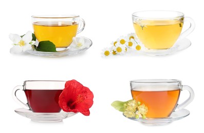 Image of Teas in glass cups and flowers isolated on white, set