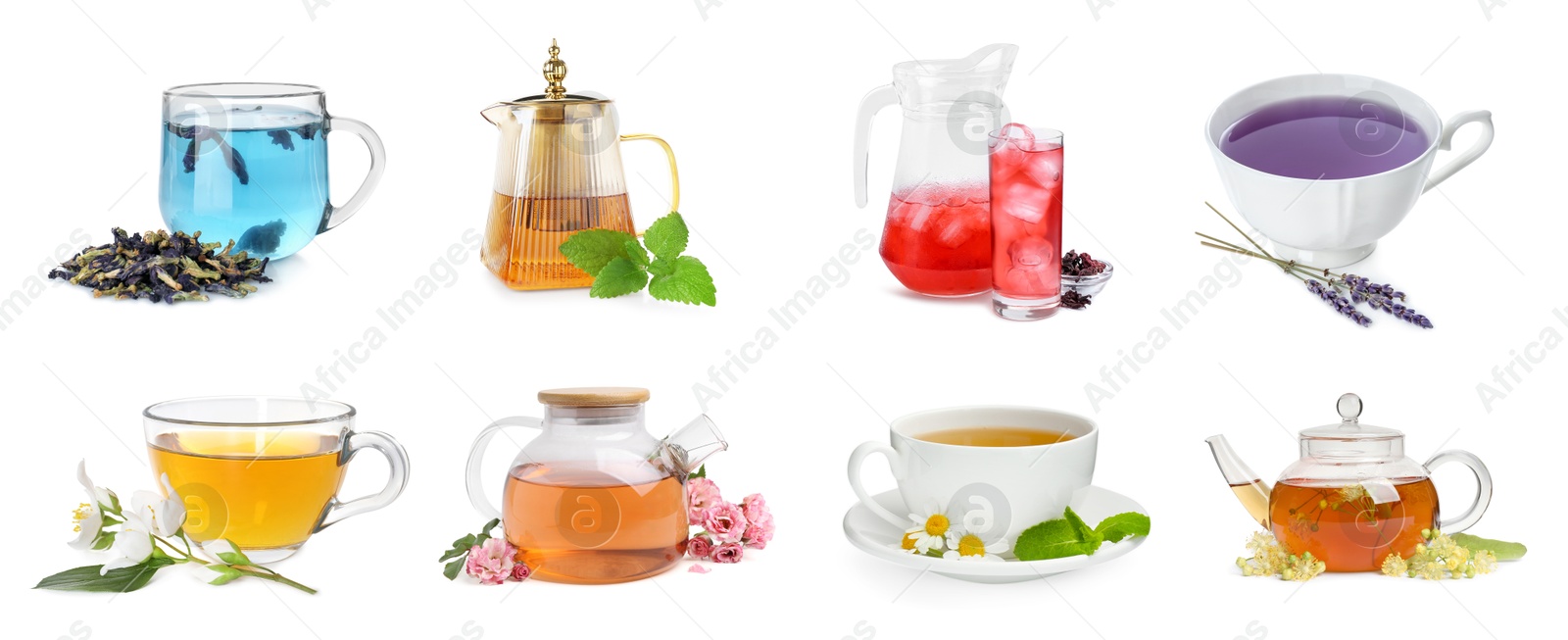 Image of Flower and herbal teas isolated on white, set
