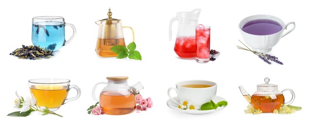 Image of Flower and herbal teas isolated on white, set