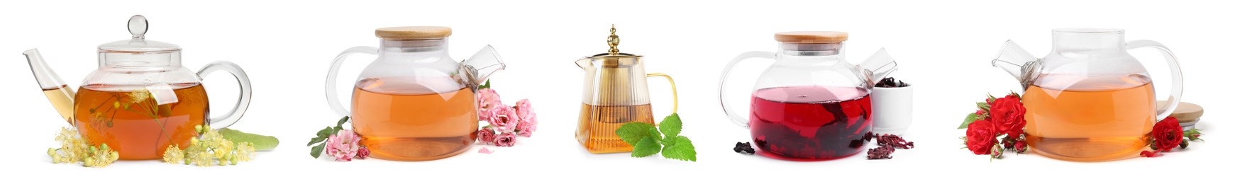 Image of Flower and herbal teas in glass pots isolated on white, set