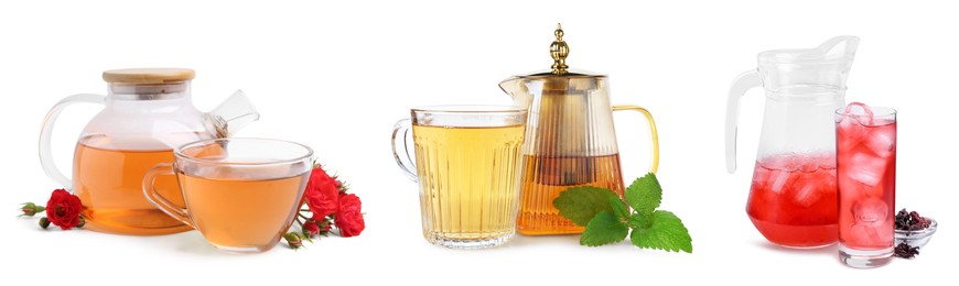 Image of Flower and herbal teas isolated on white, set