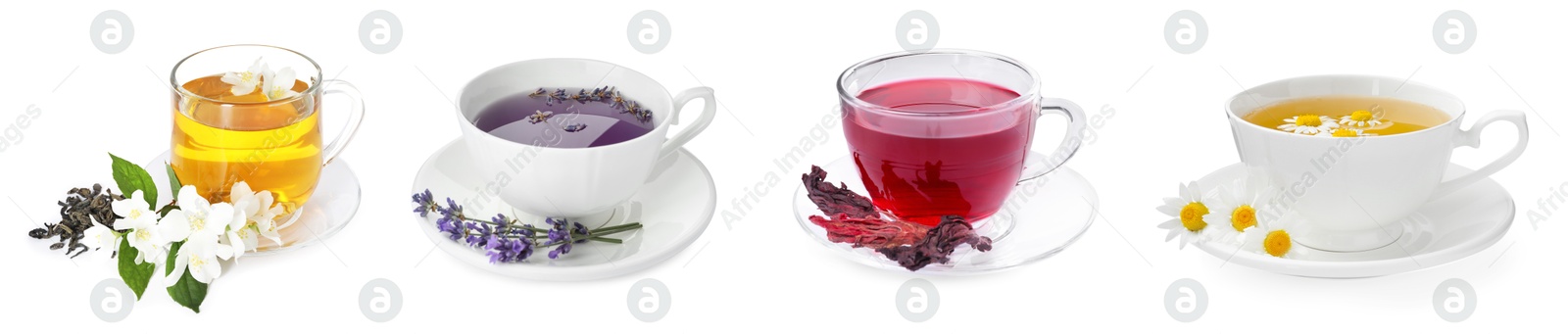 Flower teas in glass cups isolated on white, set Image of Flower teas in glass cups isolated on white, set