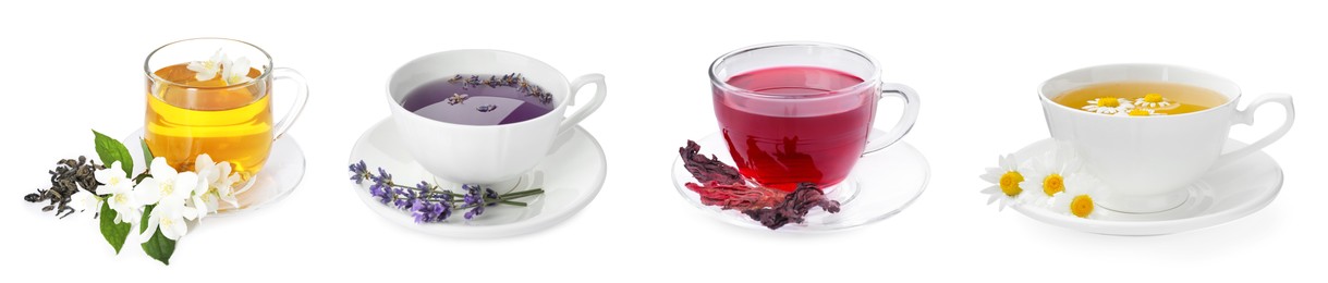 Image of Flower teas in glass cups isolated on white, set