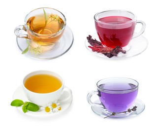 Image of Flower teas in glass cups isolated on white, set